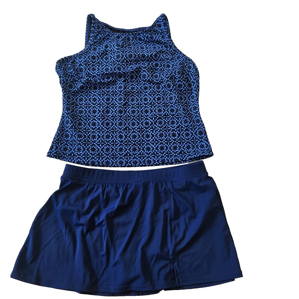 2 Piece Blue Geometric Floral Racerback Tankini Swim Skirt Set Sz 14